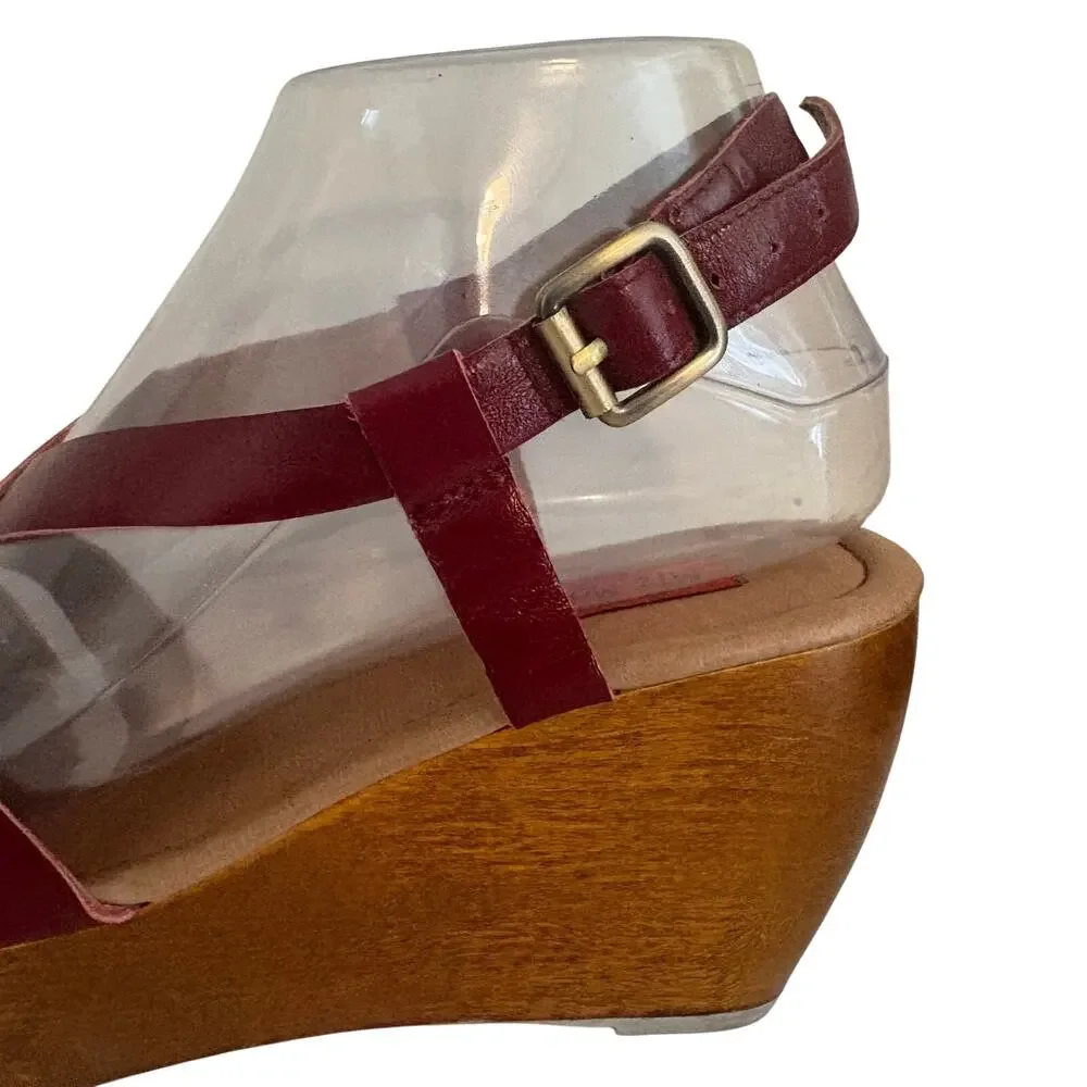 Miz Mooz Gizmo Maroon Leather Strappy Wood Wedge Slingback Sandals Basketweave